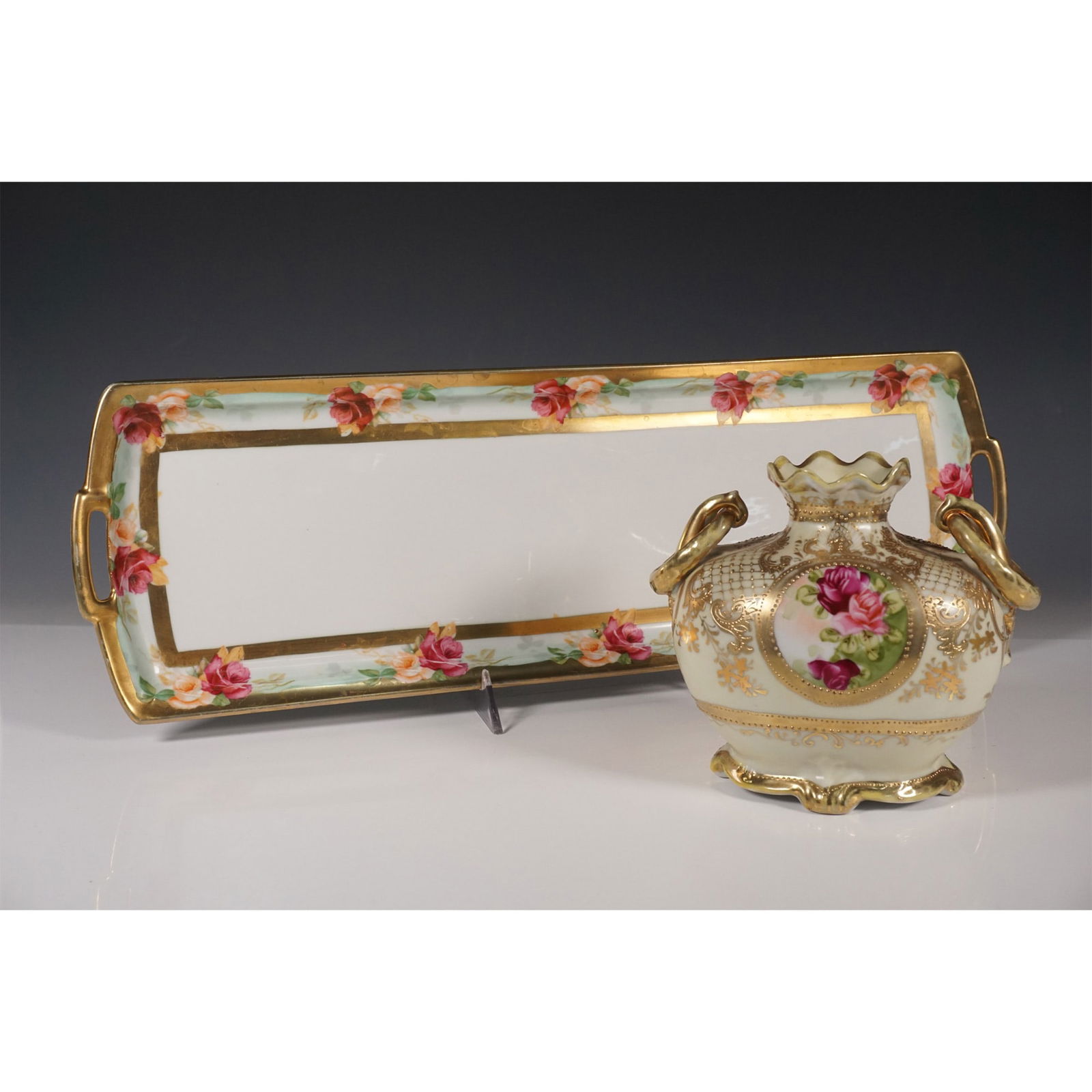 2pc MZ Austria Tray and Nippon Double Handled Vase (1 of 6)