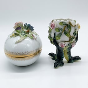 2pc Porcelain Treasure Box and Egg Vase