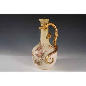 Porcelain Hand Painted Floral & Gilded Lizard Handle Ewer