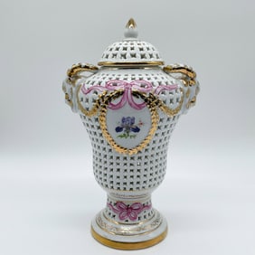 Porcelain Lidded Urn with Pierced Design, Floral Accents