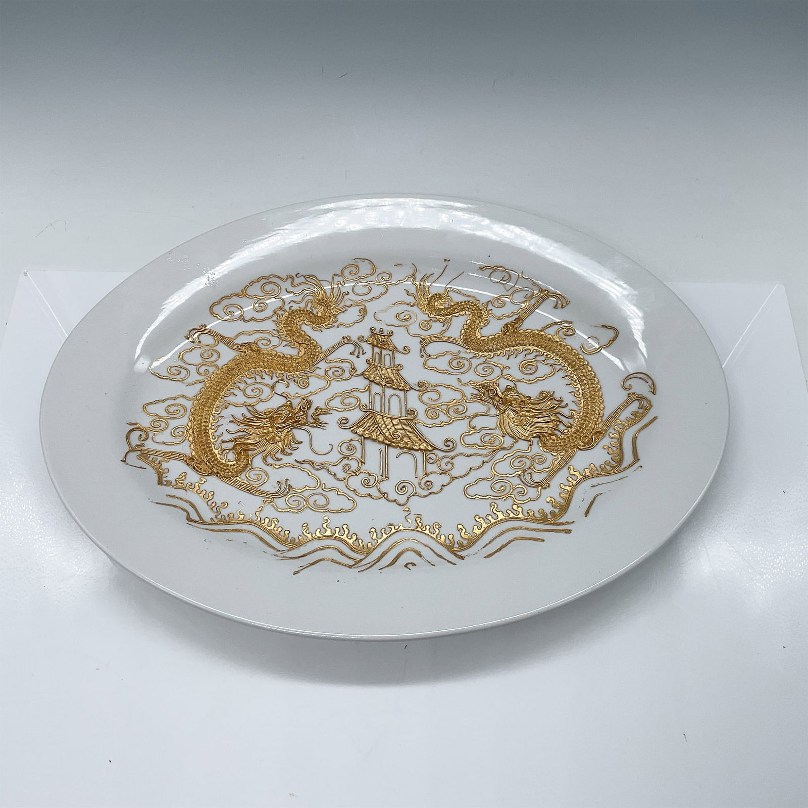 Decorative Plate with Gold Wire Applique, Dragons & Pagoda (1 of 7)