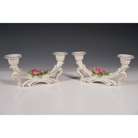 Pair of Dresden Porcelain Double Arm Floral Candleholders