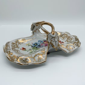Porcelain Handled Dish, Floral and Gold Gilt Design