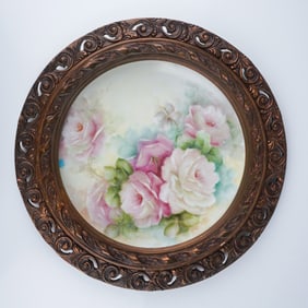 Framed Hand Painted Porcelain Plate with Roses
