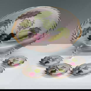 5pc Noritake Porcelain Radish Dish Set: Elegant 5-piece Noritake porcelain dish set featuring a hand-painted radish and cucumber motif with soft pink shading and gold-accented handles. The set includes a handled serving dish measuring 7"L x