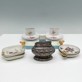8pc Assorted Porcelain Ashtrays & Metal Lighter Collection