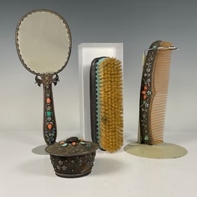 4pc Chinese Silver Filigree Enamel Gemstone Inlay Vanity Set
