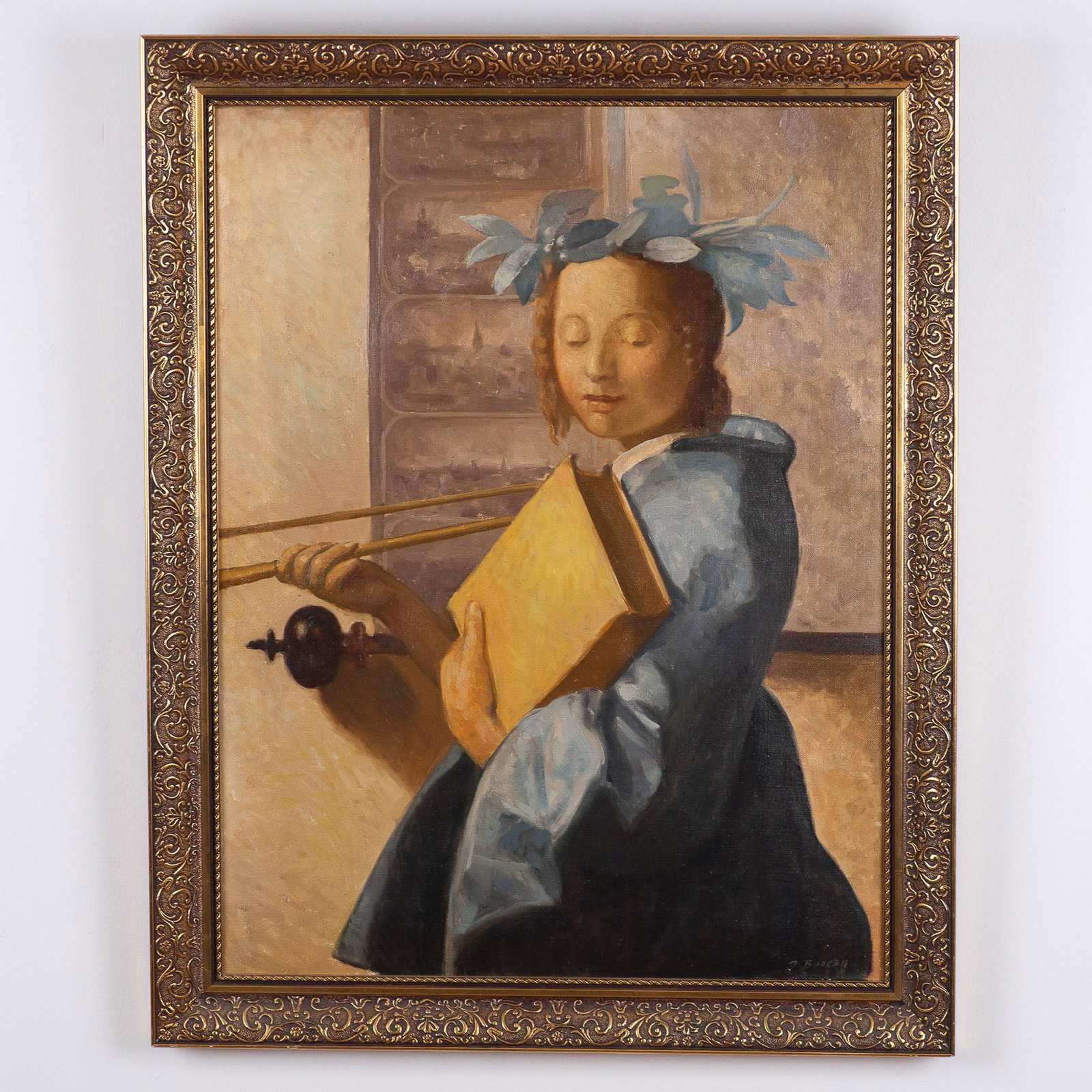 After Johannes Vermeer, Original Oil on Canvas, Signed: This elegant oil on canvas painting, inspired by Johannes Vermeer's The Allegory of Painting (also known as The Art of Painting), captures the timeless beauty and craftsmanship of the Dutch Golden Age