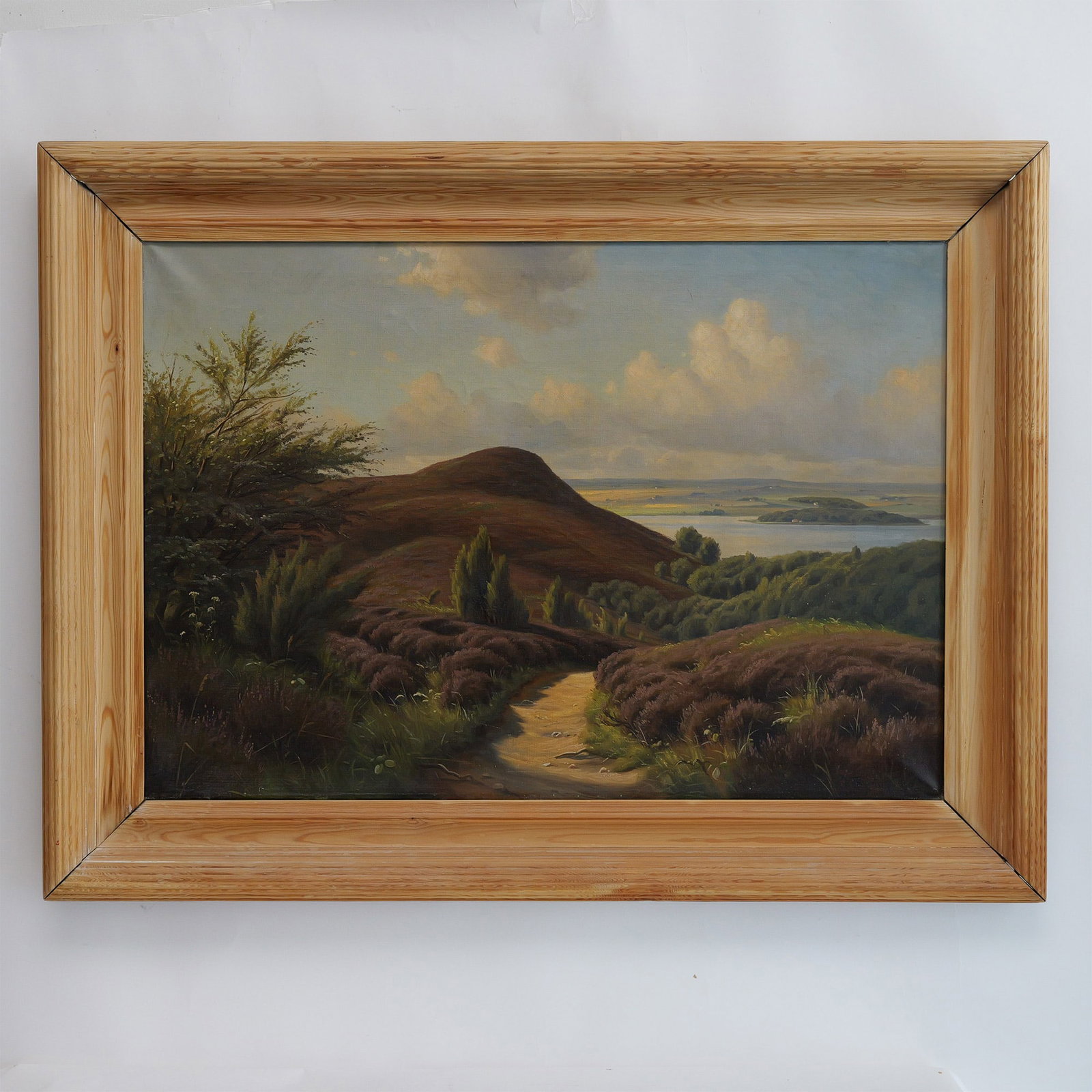 H. Thoring, Large Oil on Canvas, Road to a Fjord, Signed: Large original oil on canvas by Danish painter H. Thoring (aka Kai Jeppe Drews) featuring a road in the countryside leading to a fjord on a splendidly bright Summer day. Signature on lower right side: