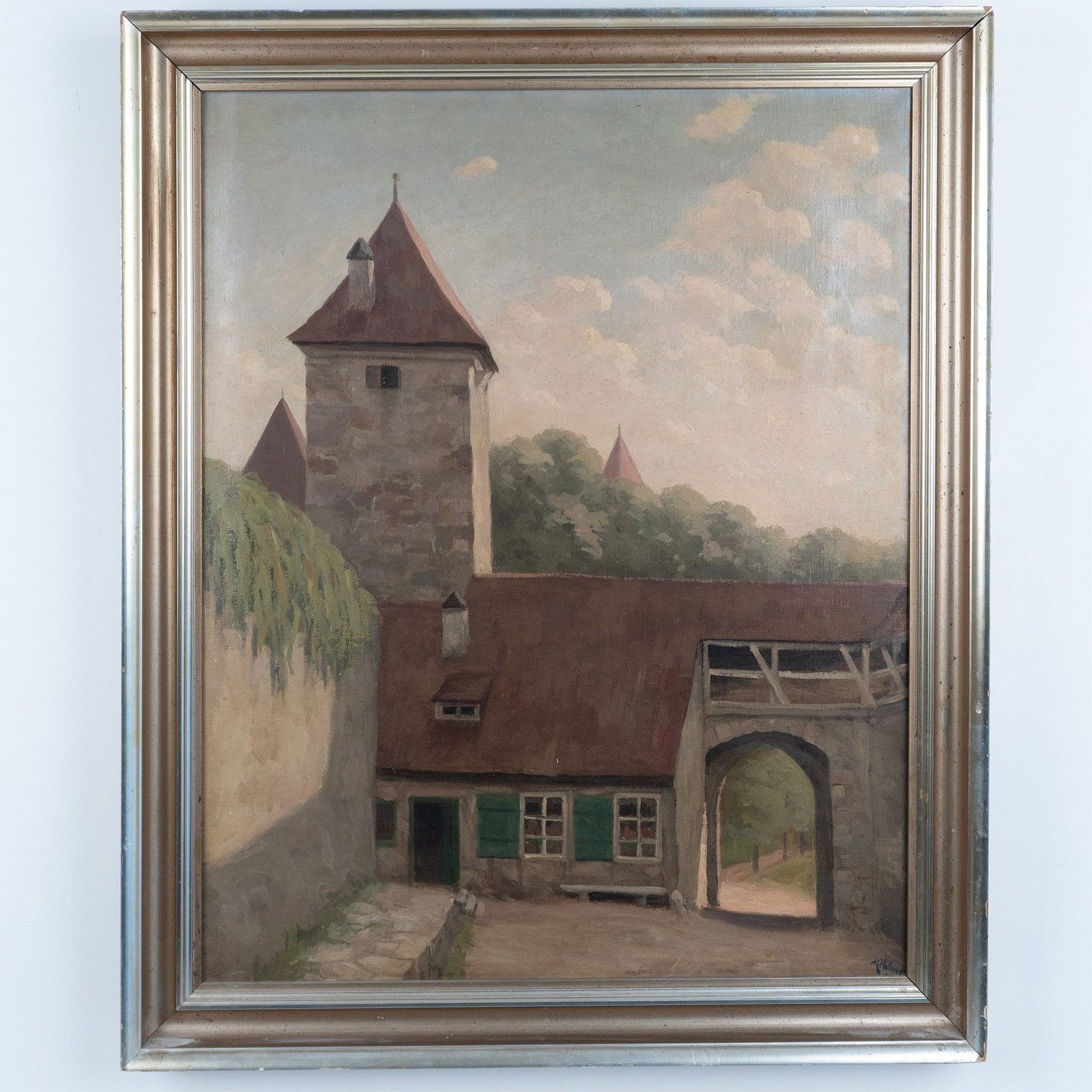 H. Thoring, Oil on Canvas, Gate at Rothenburg, Signed: Exceptional original oil painting on canvas by renowned Danish artist H. Thoring (also known as Kai Jeppe Drews). Titled Outside of Town Gate of Rothenburg, this piece beautifully captures one of the 