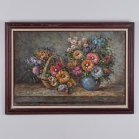 Original Oil on Canvas, Vibrant Bouquets of Flowers, Signed