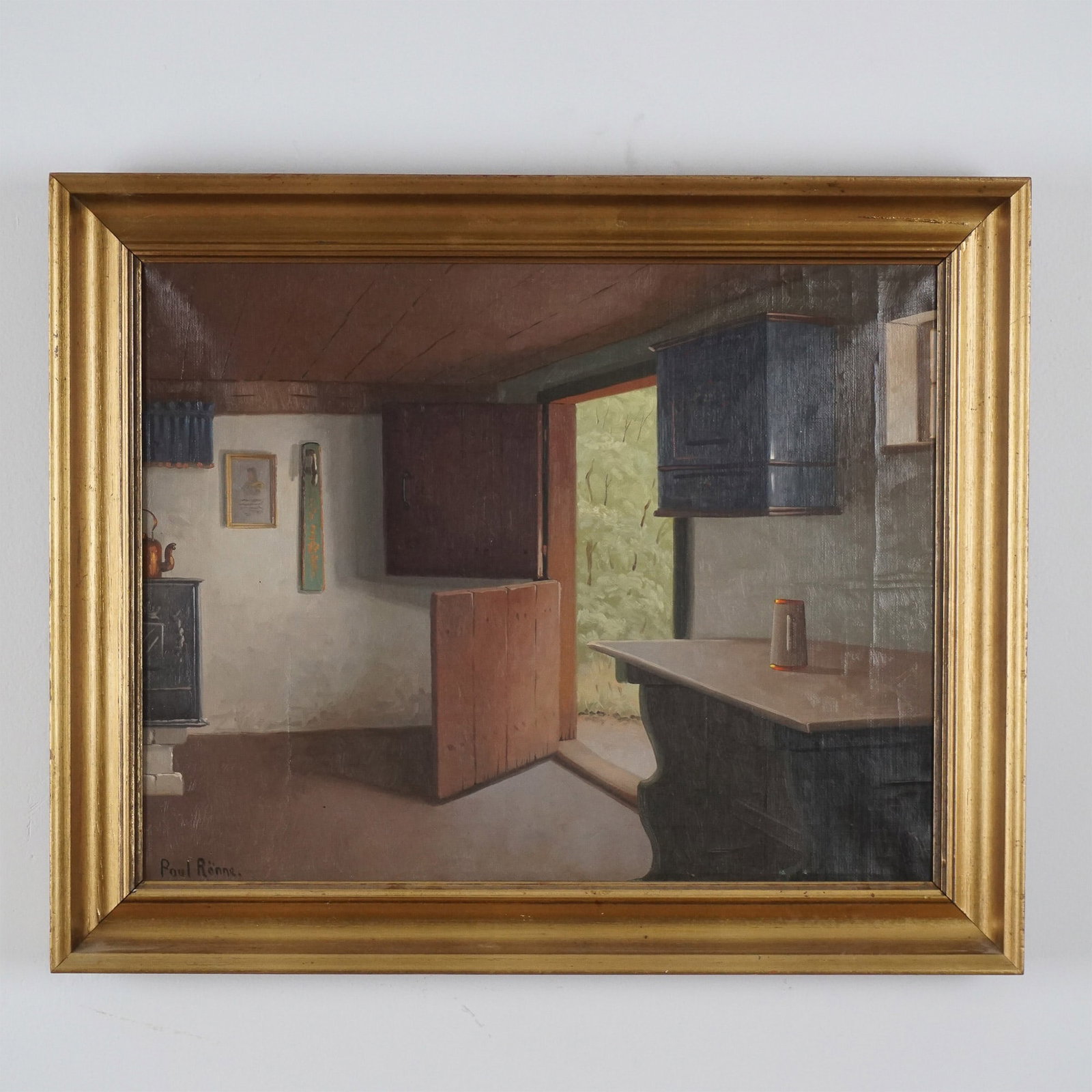 Paul Ronne, Oil on Canvas, Danish Interior, Signed: This atmospheric oil on canvas painting captures the tranquility of a Danish rustic interior, rendered in an evocative manner. The work portrays a simple room with sparse furnishings: a wooden table, 