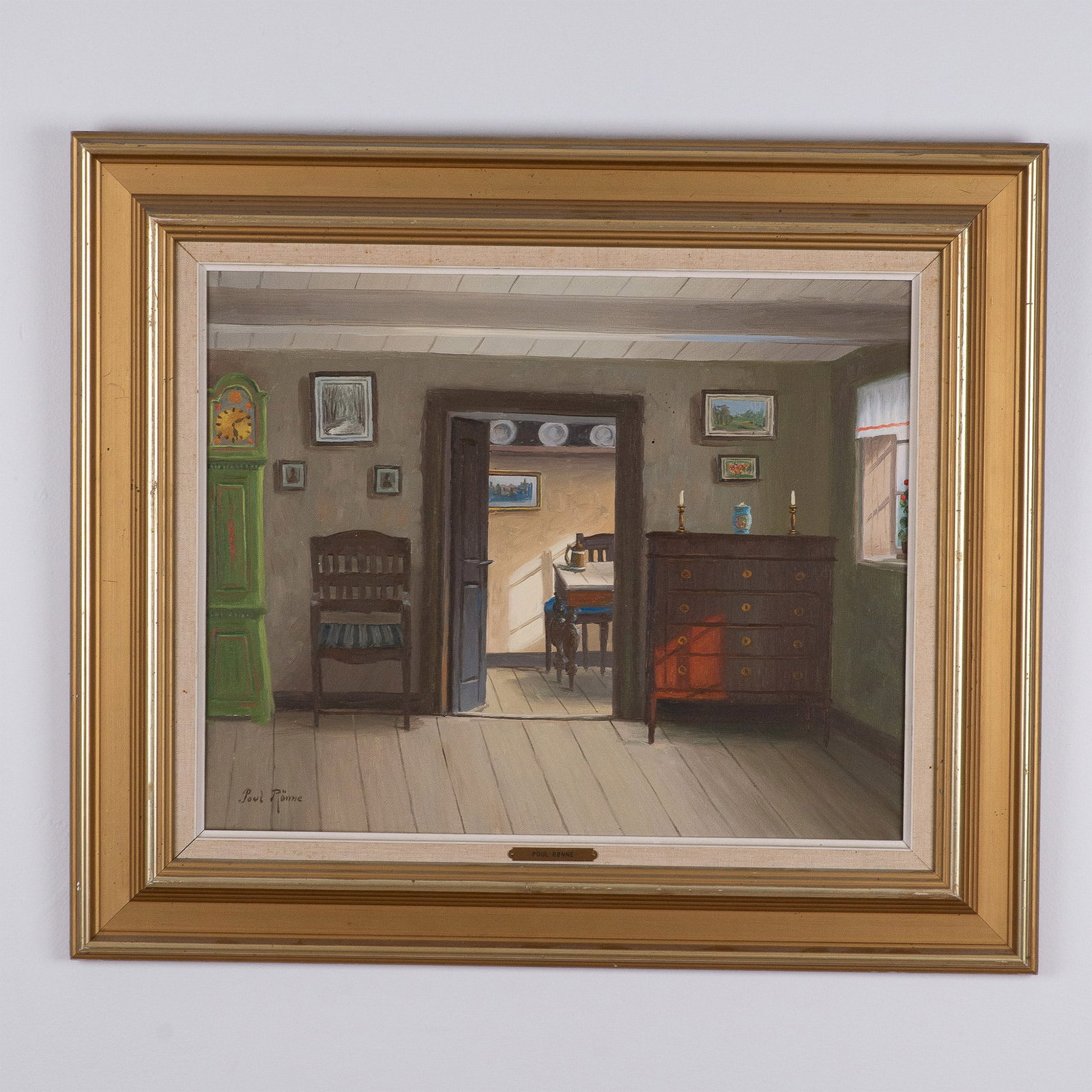 Paul Ronne, Oil on Canvas, Serene Interior, Signed: This beautifully rendered oil on canvas painting by Paul Ronne, an alias used by the renowned Danish artist Kai Jeppe Drews, depicts a serene and meticulously detailed rustic interior. The composition