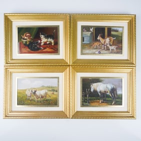 Set of Four Framed Animal-Themed Oil Paintings