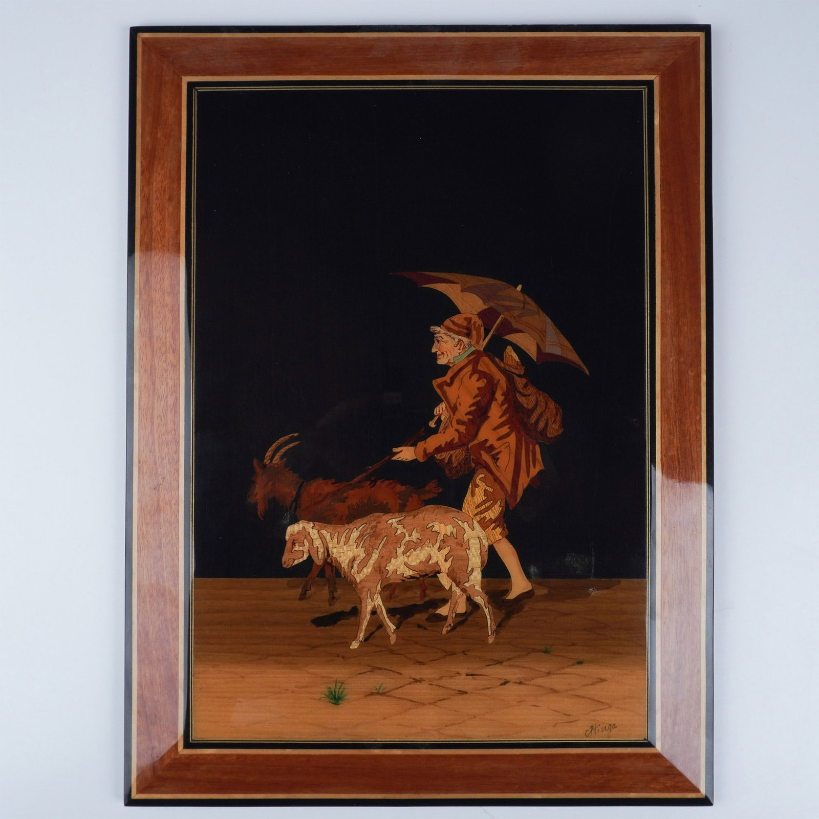 Marquetry Art Panel, Signed Stinga: This finely crafted marquetry panel depicts a pastoral scene of a shepherd guiding goats and sheep under an umbrella. Signed by the artist, Stinga, in the lower right corner. The intricate inlay of wo
