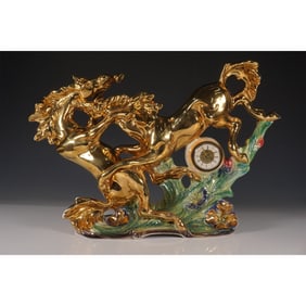 Italian Porcelain Rearing Horses Clock Figurine