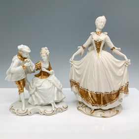 2pc German Porcelain Figurines, Courting Scene & Lady