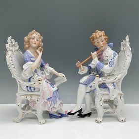 2pc Vintage German Figurines, Flute Player & Seated Lady