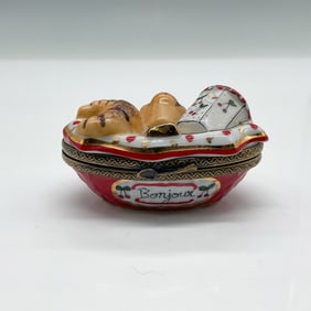 Limoges France Porcelain Hinged Box, Bonjour Basket