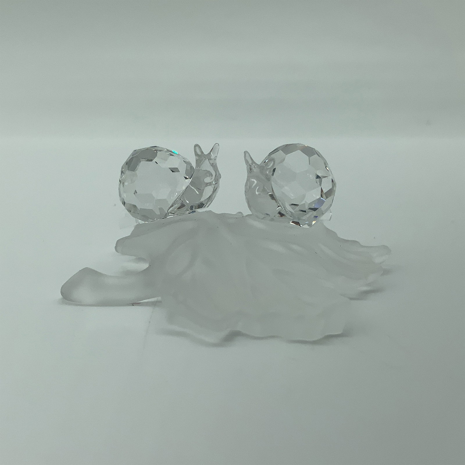 Swarovski Crystal Figurine, Snails on Vine Leaf: Swarovski Crystal Snails on Vine Leaf figurine from the In the Secret Garden collection. Featuring two baby snails crafted from clear and frosted crystal, perched on a delicately sculpted frosted crys