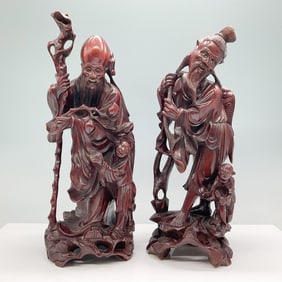 2pc Chinese Carved Wood Figurines, Shouxing and Fisherman