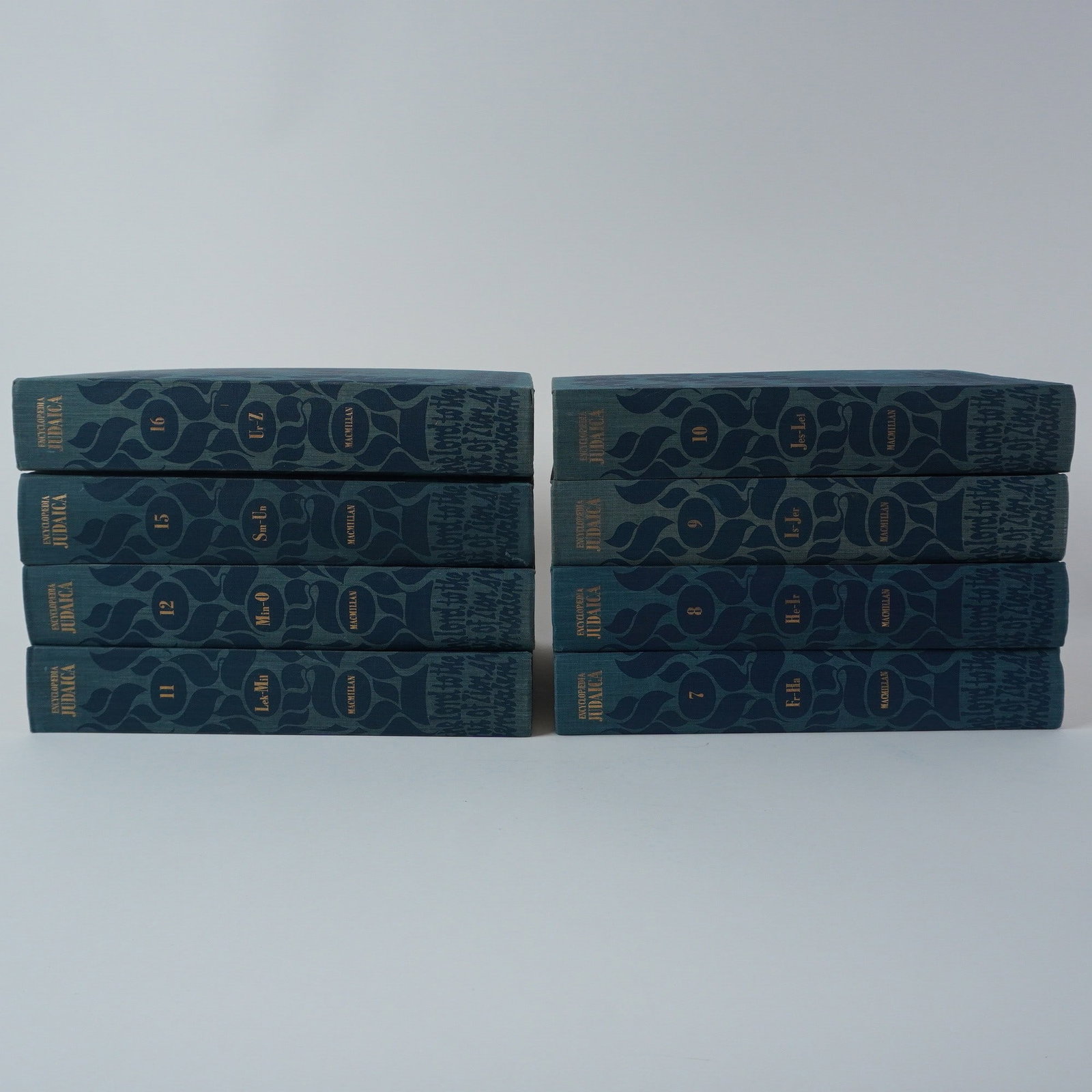 Set of 6 Encyclopaedia Judaica Books, Macmillan: This lot features six volumes from the renowned Encyclopaedia Judaica, published by Macmillan. These hardcover volumes, numbered 7 through 12, cover a broad range of Jewish history, culture, and schol