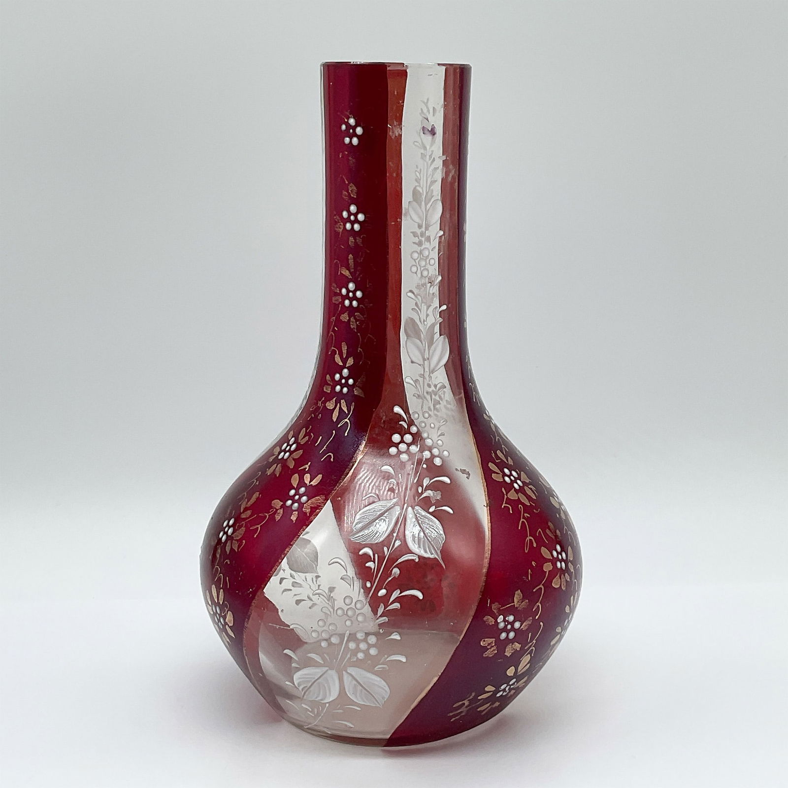 Art Glass Vase, Red Overlay with Floral Engraving (1 of 3)