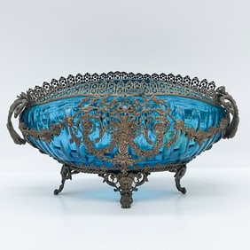 Victorian-Style Blue Glass Bowl w Ornate Metalwork