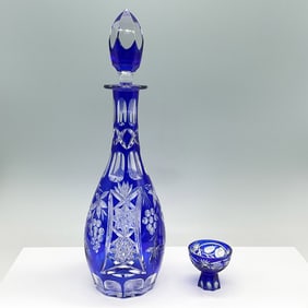 Cobalt Blue Cut-to-Clear Crystal Decanter and Cordial Glass