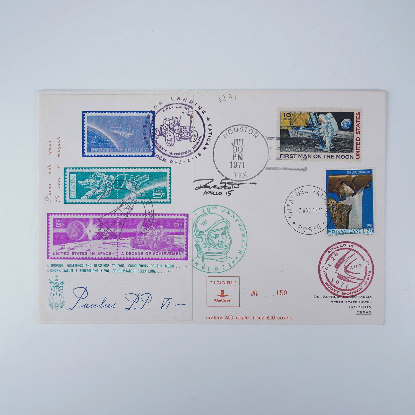 David Scott Signed Commemorative Cover: A limited edition commemorative cover featuring an affixed cachet that honors NASA's Projects Mercury, Gemini, and Apollo. This print showcases key milestones of human space exploration and the effort