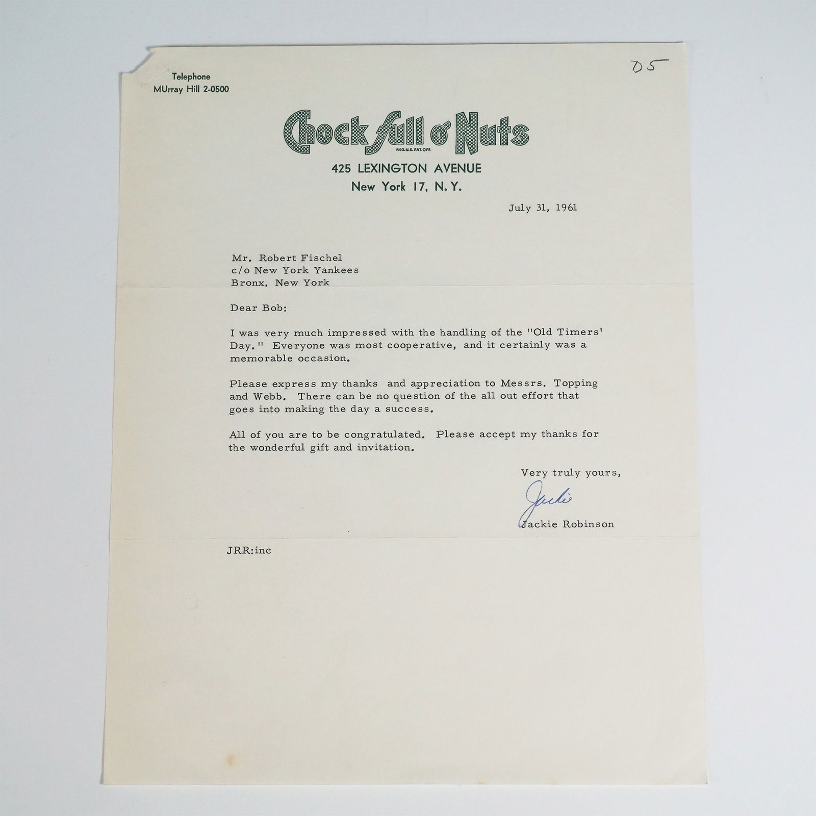 Chock Full o'Nuts, Letter Signed by Jackie Robinson (1 of 3)