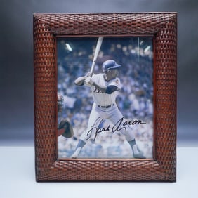 Hank Aaron Signed Photograph with COA in Wicker Frame