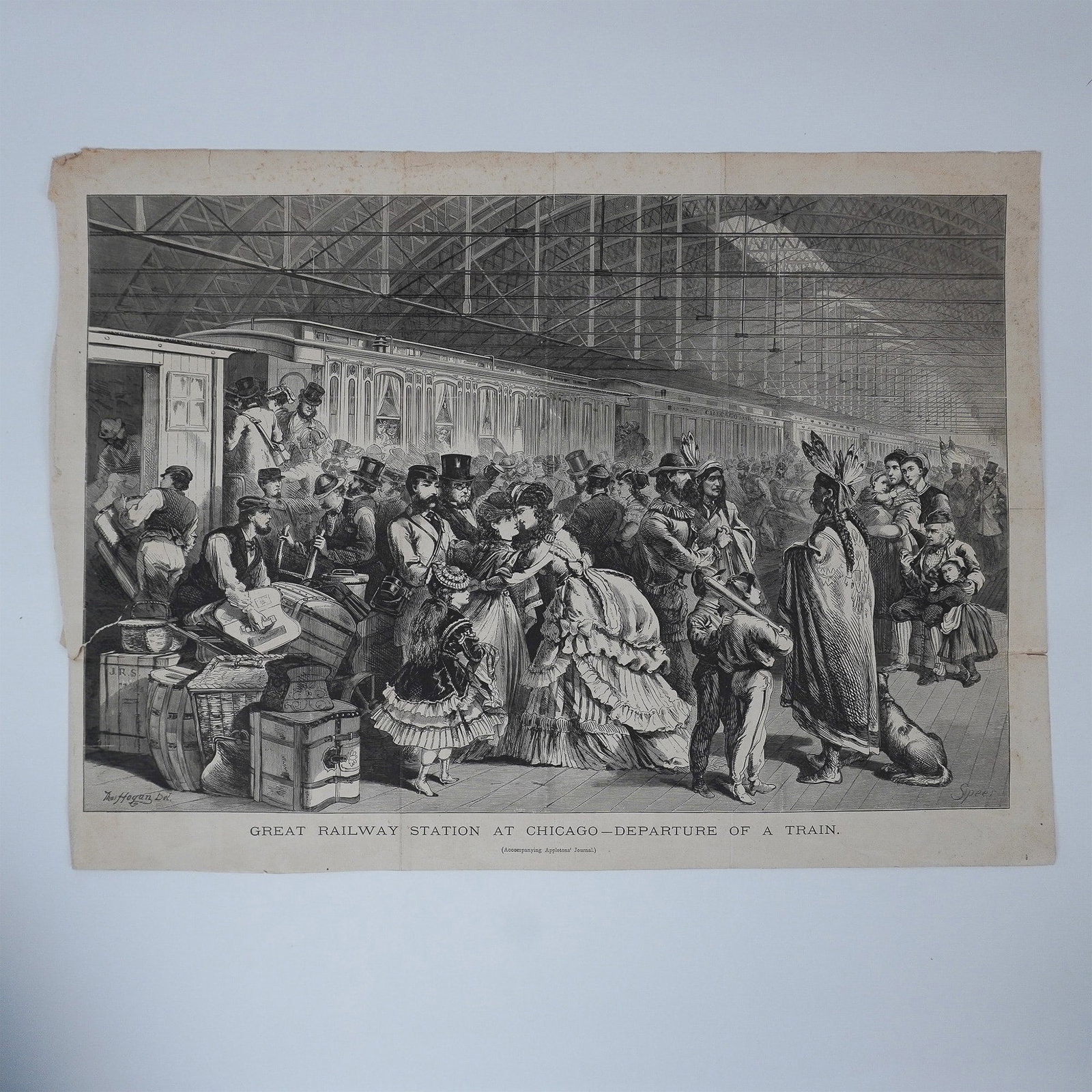 T. Hogan, Engraving on Paper, Great Railway Station Chicago: A finely detailed 19th-century engraved illustration titled Great Railway Station at Chicago-Departure of a Train. This piece captures the bustling scene of a train station in Chicago, showcasing the 