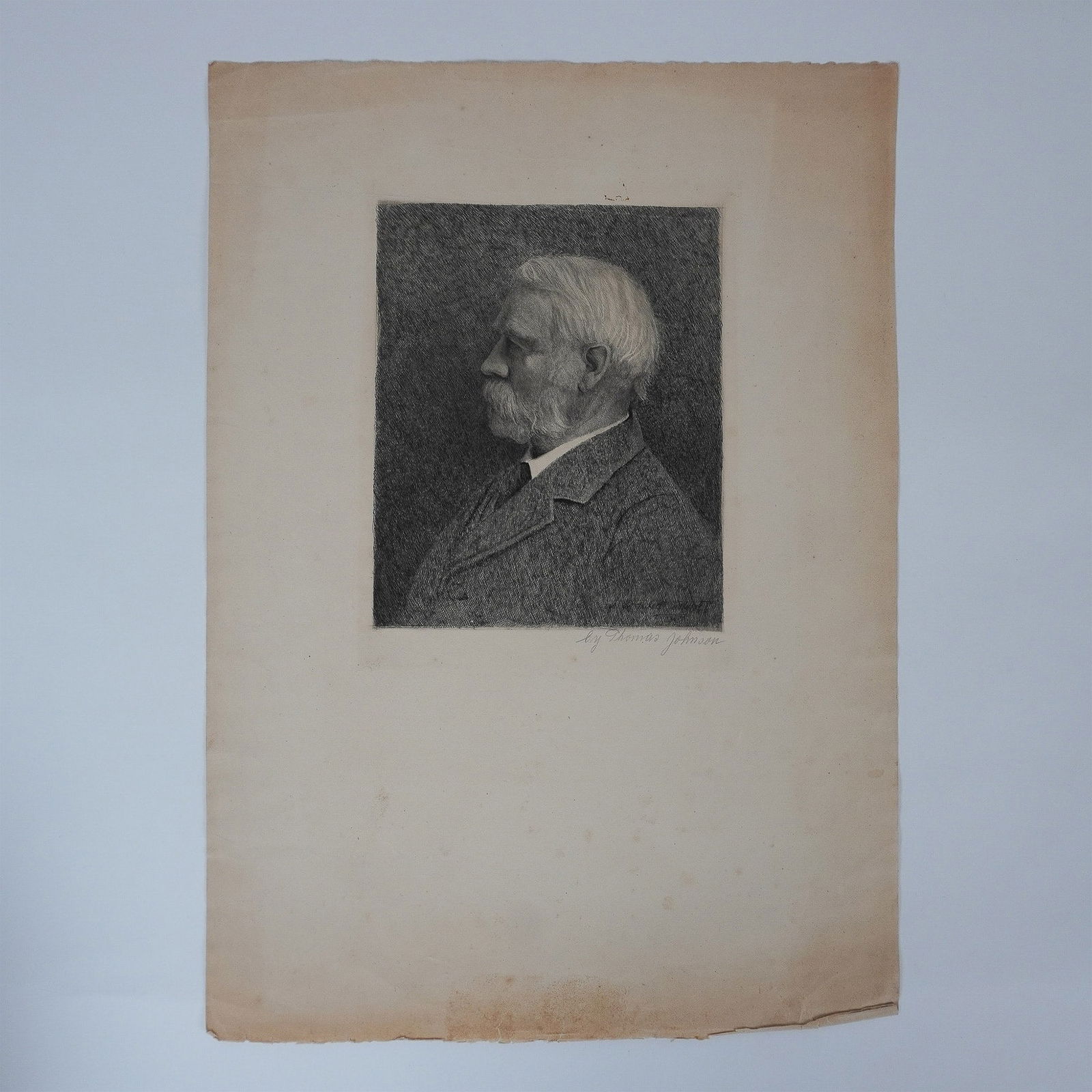 Thomas Johnson Engraving, Gentleman in Profile: A finely detailed engraving by Thomas Johnson, depicting a distinguished gentleman in profile. The artwork showcases Johnson's expert craftsmanship and attention to detail, with intricate cross-hatchi