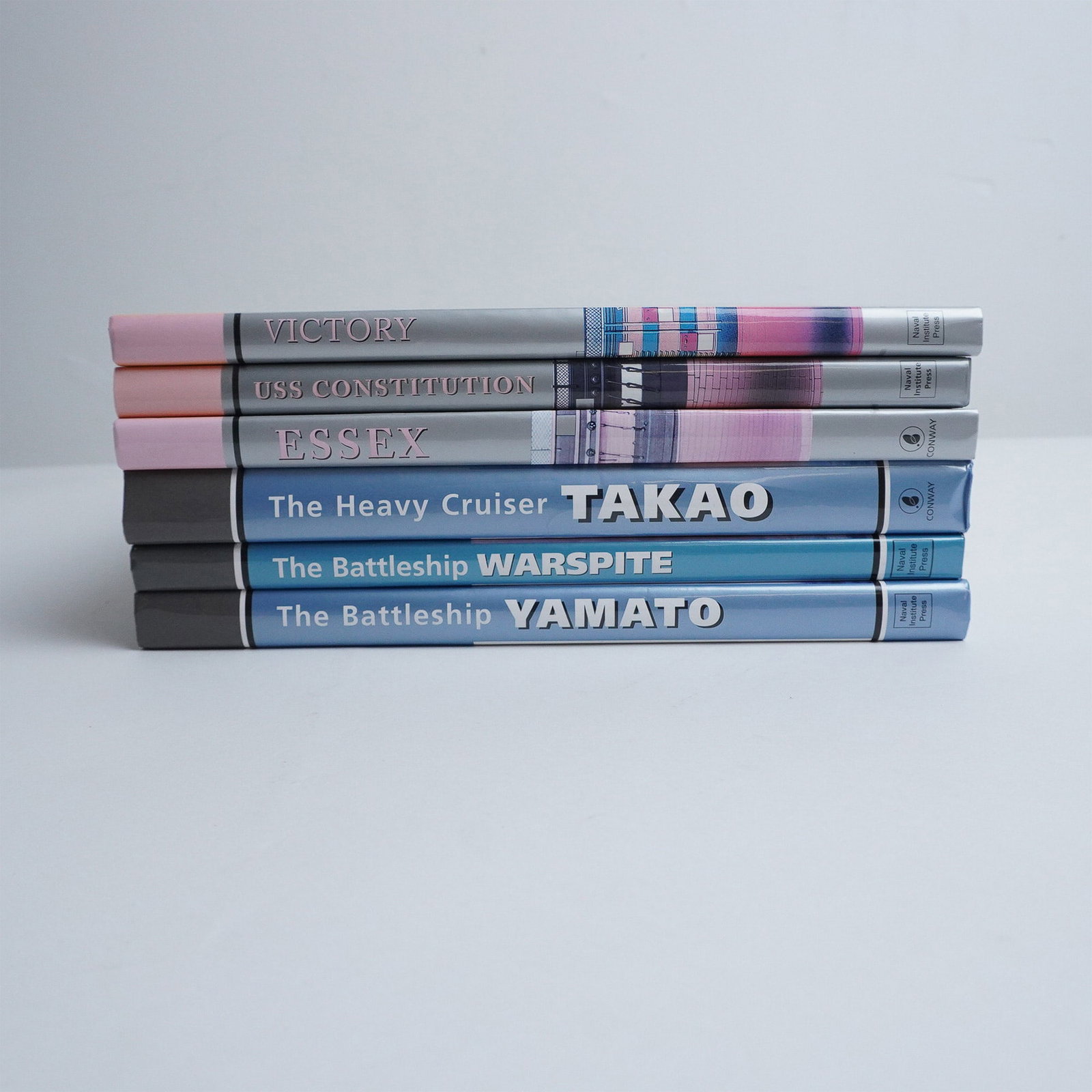 6 Hardcover Books on Naval Warship History: A collection of six hardcover books focusing on historical warships, including The Heavy Cruiser Takao, The Battleship Yamato, The Battleship Warspite, Victory, USS Constitution, and Essex. Each book 