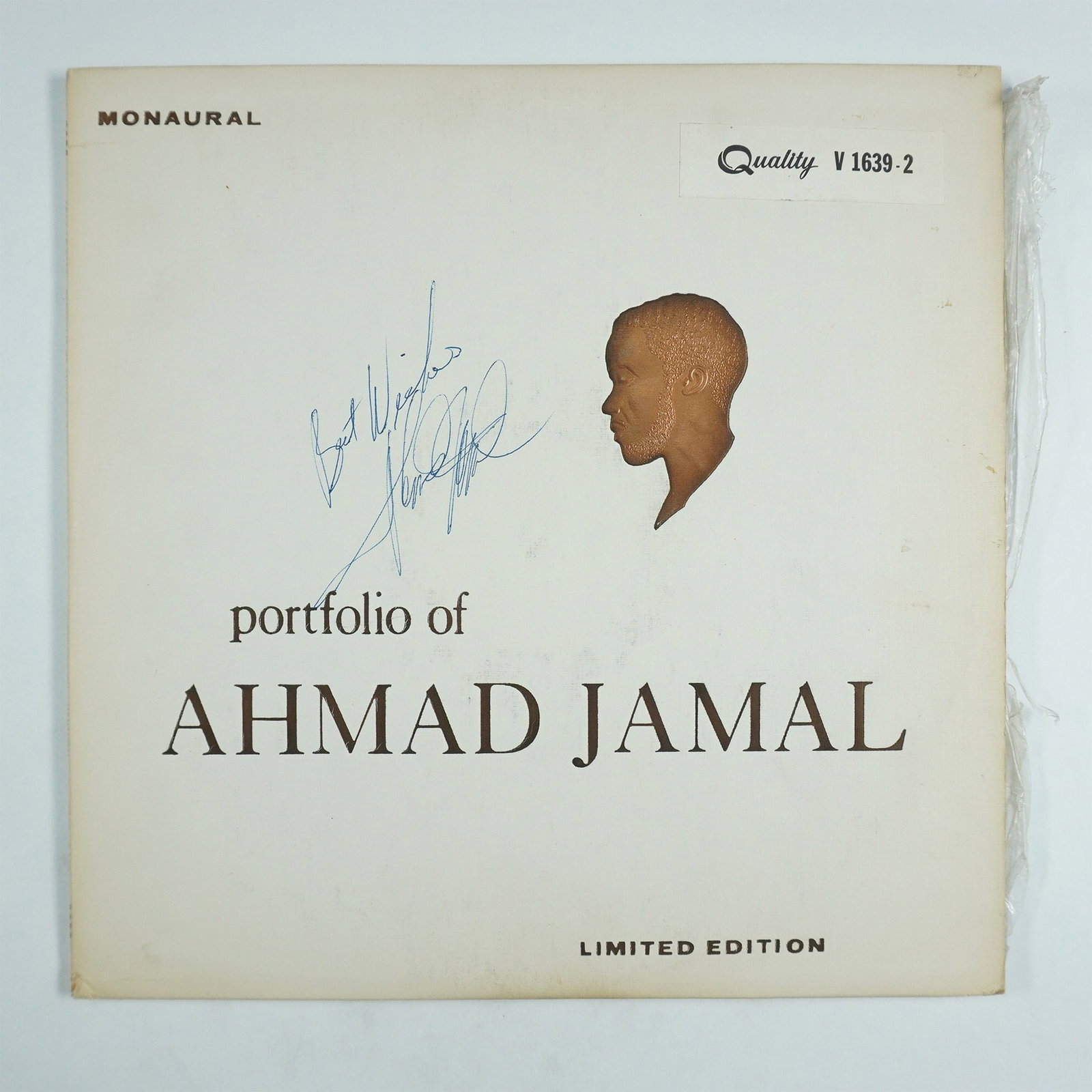 Quality Records, Vinyl Record, Portfolio of Ahmad Jamal: This rare vinyl record features the album Portfolio of Ahmad Jamal, released by Quality Records. The cover is personally signed by Ahmad Jamal with a dedication reading "Best Wishes," making it a priz