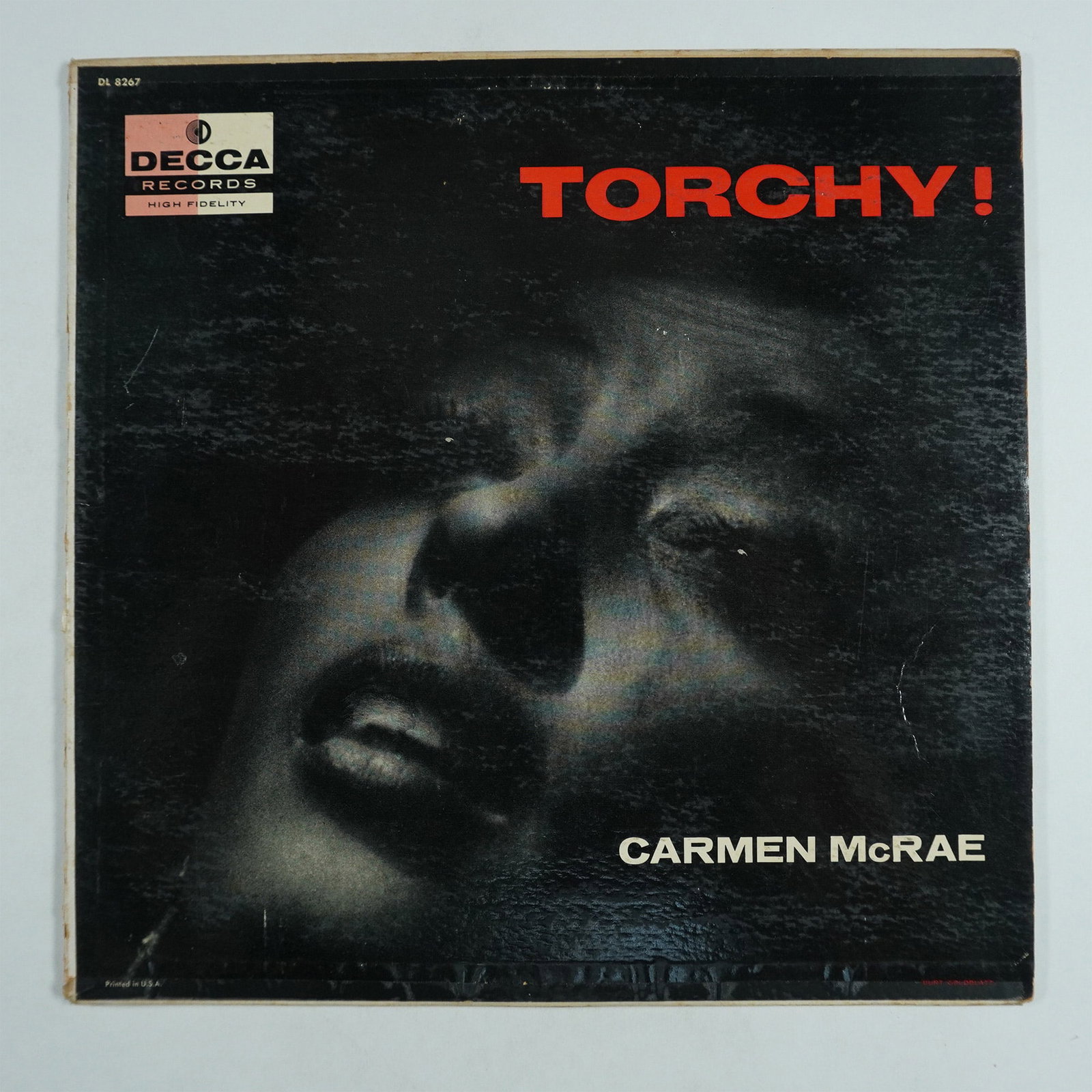 Carmen McRae Torchy! LP, Decca Records DL 8267, Vinyl: This lot features the iconic "Torchy!" LP by the legendary jazz singer Carmen McRae, released by Decca Records (DL 8267). The album is in good condition, with a 12.5"L x 12.5"H cover displaying classi