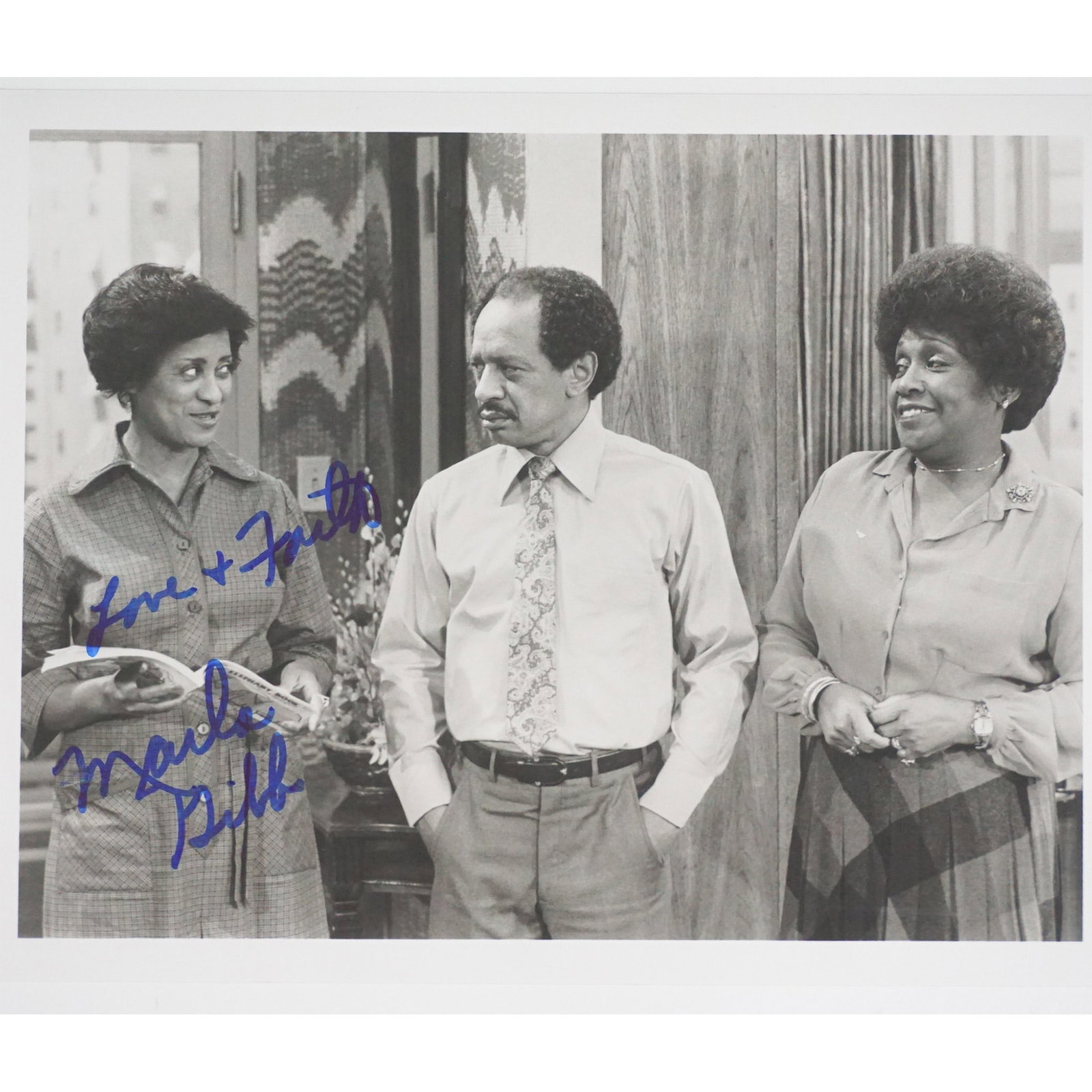 Marla Gibbs Signed The Jeffersons Photograph with COA: A black-and-white promotional photograph from The Jeffersons, hand-signed by actress Marla Gibbs, who played Florence Johnston in the hit sitcom. The autograph, written in blue ink, includes the inscr