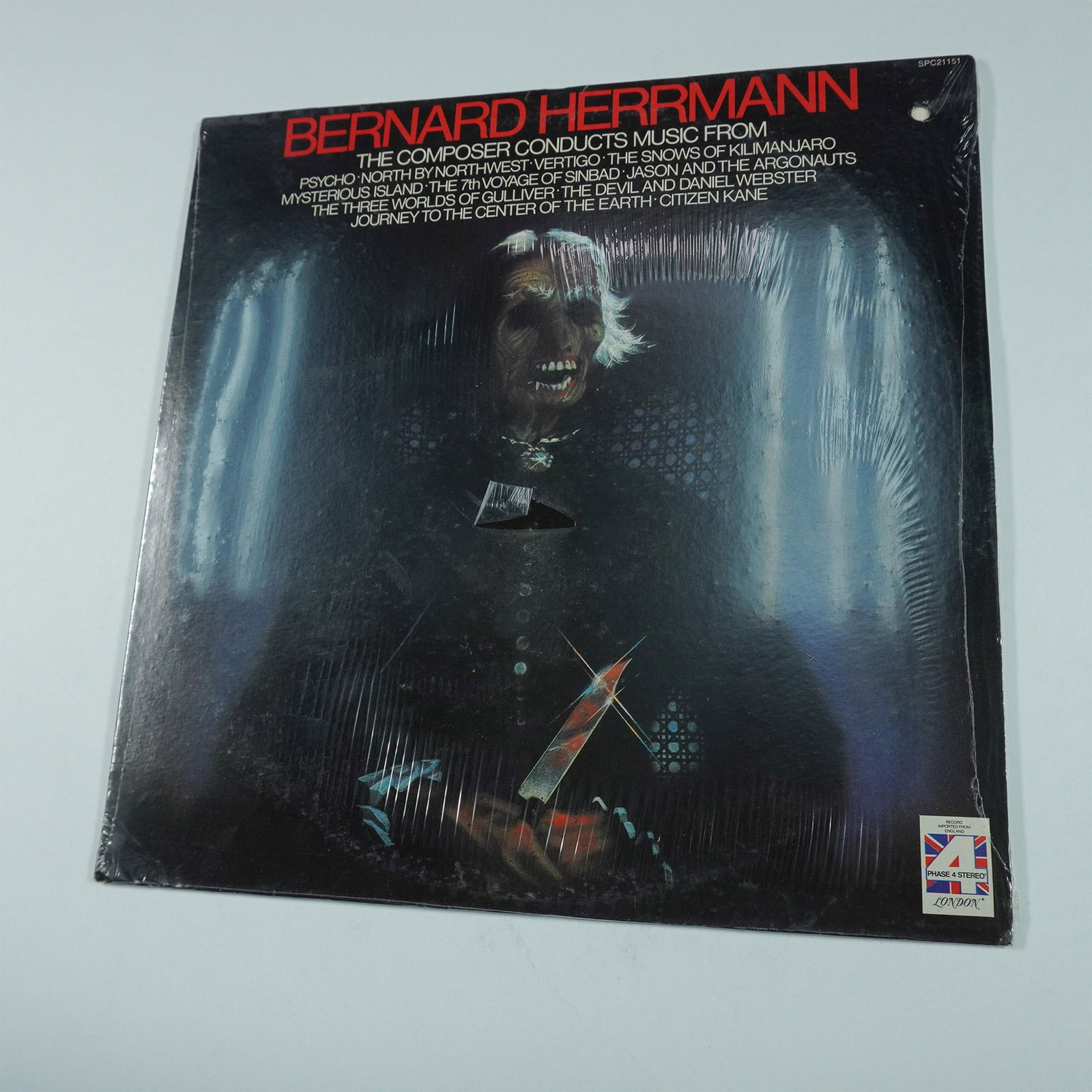Vinyl LP, Bernard Herrmann Psycho And Other Film Score: Sealed, a London Phase Four Stereo vinyl LP featuring Bernard Herrmann conducting a collection of his iconic film scores. This album showcases music from legendary films such as Psycho, North by North