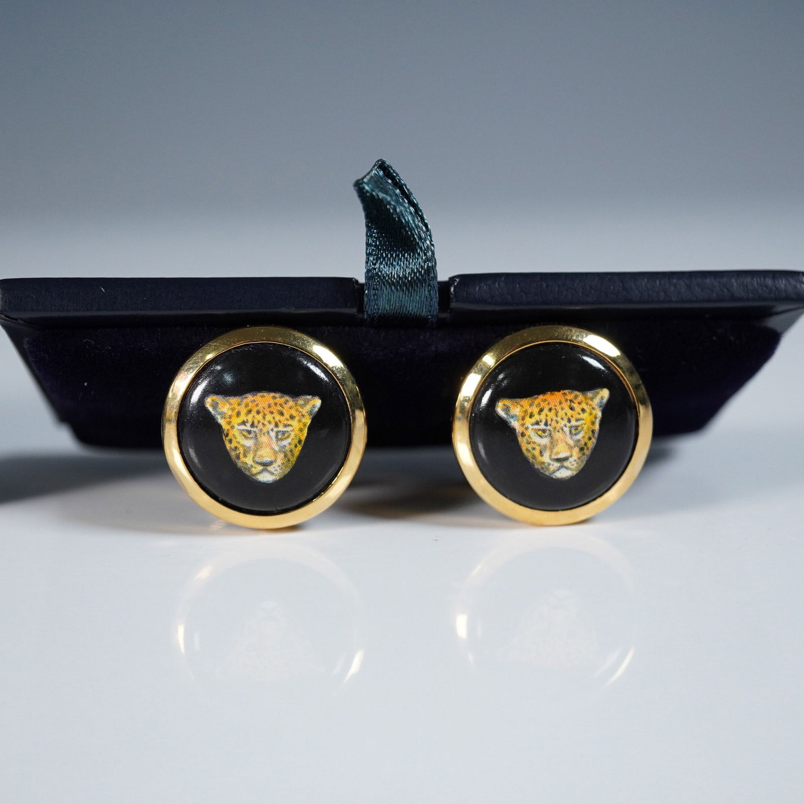 Halcyon Days Gold-Plated Enamel Cufflinks, Leopard Motif (1 of 4)