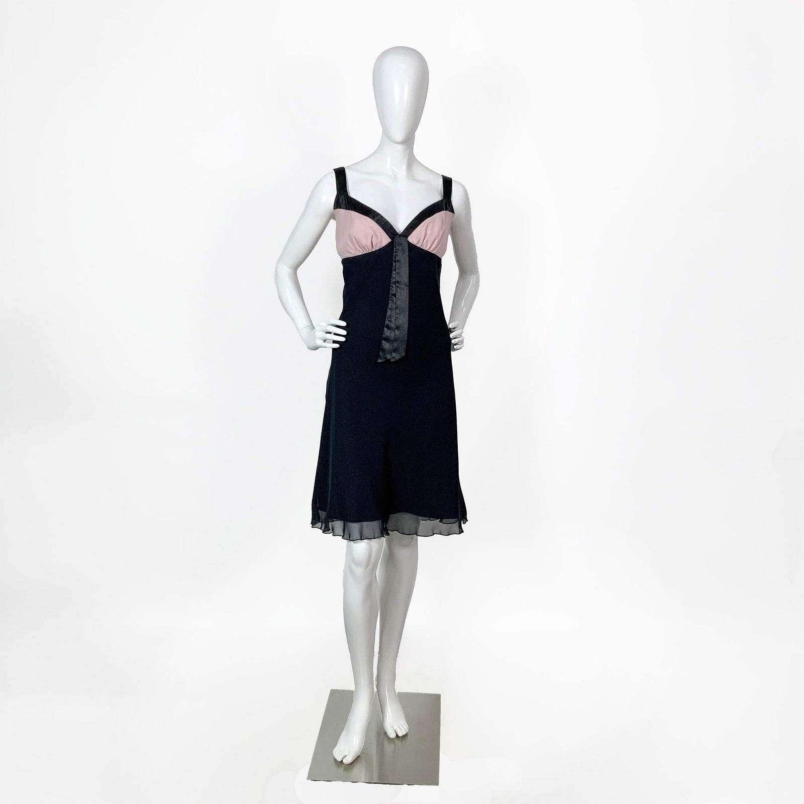 ABS by Allen Schwartz Black and Pink Cocktail Dress: An elegant satin dress draped with sheer black fabric, fitted with pink sheer fabric over the bust, and complemented with black satin along the neckline. Size: 12. Bust: 17.5"W. Waist: 16"W. Strap len