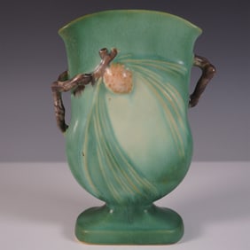 Roseville Pottery Ceramic Double- Handled Vase, Pine Cone Green