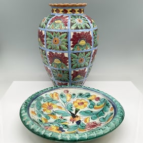 2pc Italian Deruta Majolica Vase and Bowl Set