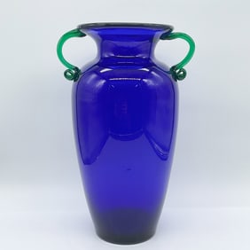 Art Glass Vase, Cobalt Blue with Green Handles