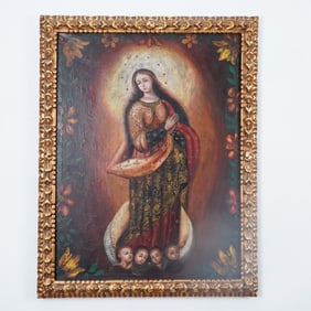Spanish Colonial Religious Oil Painting, Madonna and Child