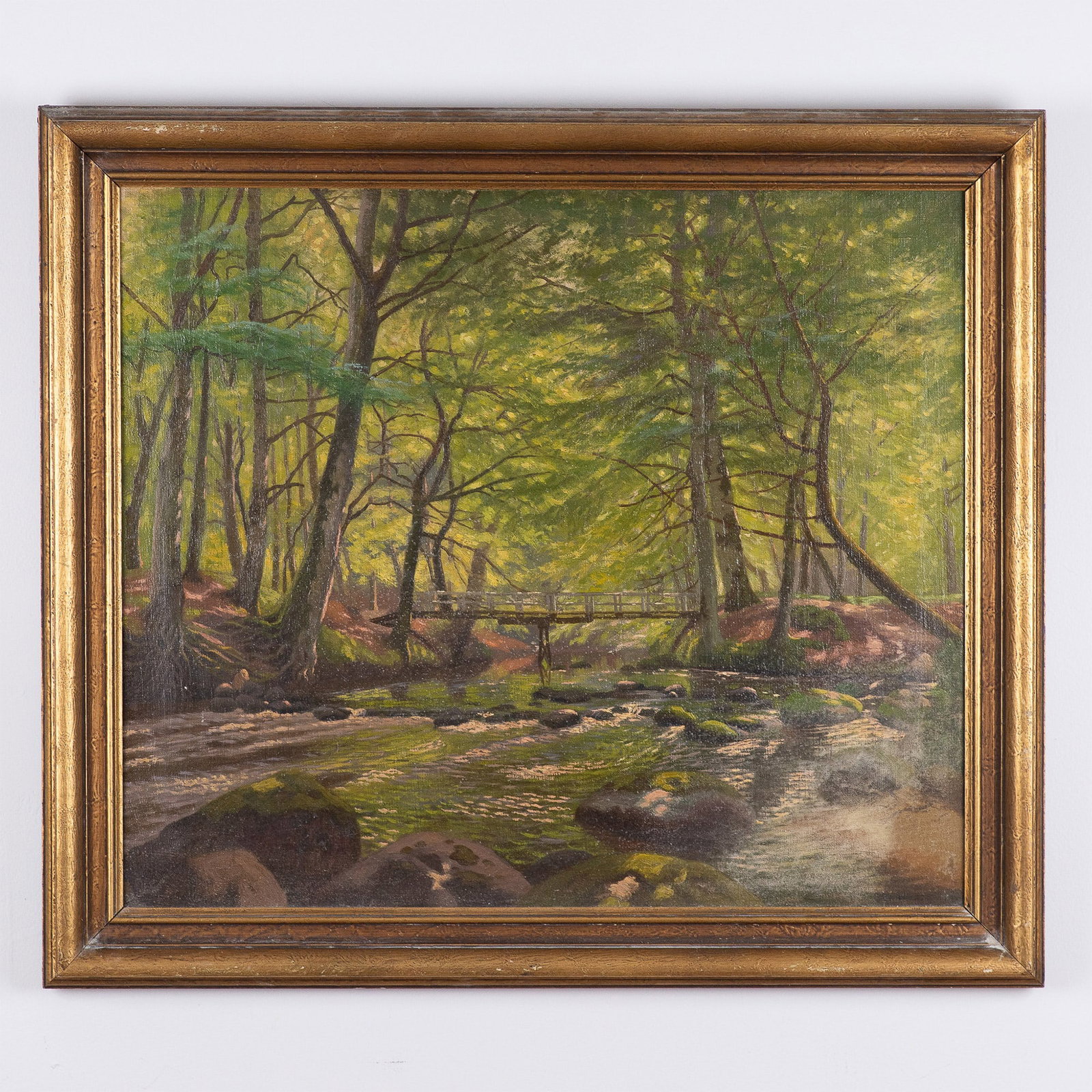 Kai Jeppe Drews, Oil on Canvas, River Landscape, Signed: This exquisite oil on canvas by renowned Danish artist Kai Jeppe Drews portrays a serene river scene in a dense, verdant forest. The tranquil composition captures a shallow, moss-covered riverbed wind