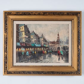 Framed European Street Scene Oil Painting