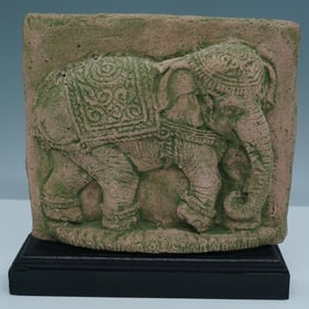 Elephant Relief Sculpture on Wooden Base