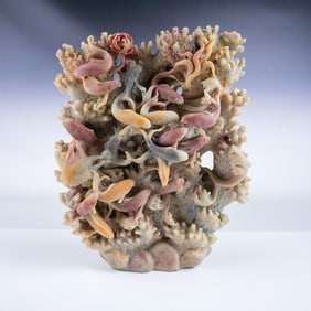 Hand-Carved Coral Reef Sculpture with Fish Motif