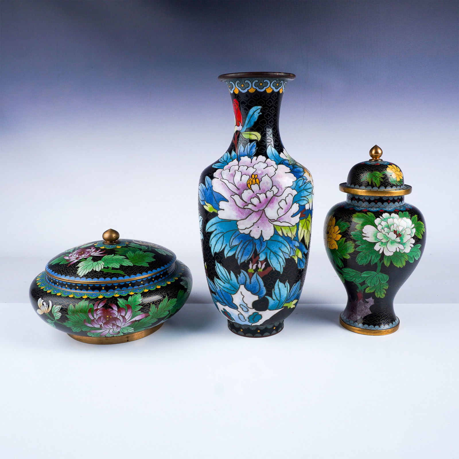 3pc Cloisonne Vases and Covered Jar Set (1 of 5)